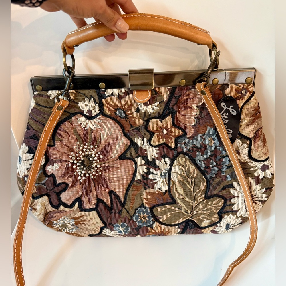 Lyrella  Vintage Brown Leather And Needlepoint Purse. Floral